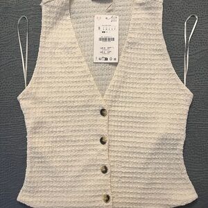 Zara Cream Textured Button-Up Vest